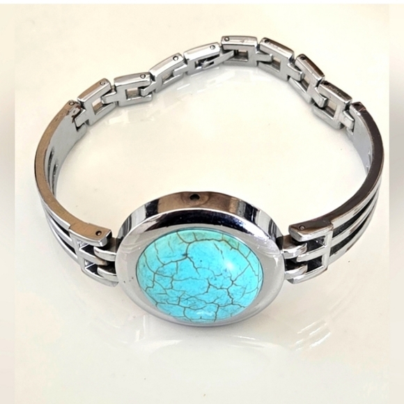 None Jewelry - Vintage Faux Turquoise Silvertone Watch Band Style Bracelet